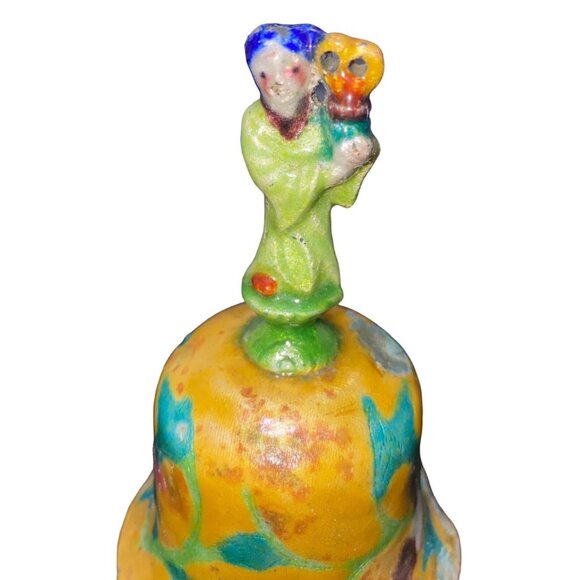 Vintage Hand-Painted Ceramic Bell With Floral Design & Figurine Handle - Picture 10 of 13